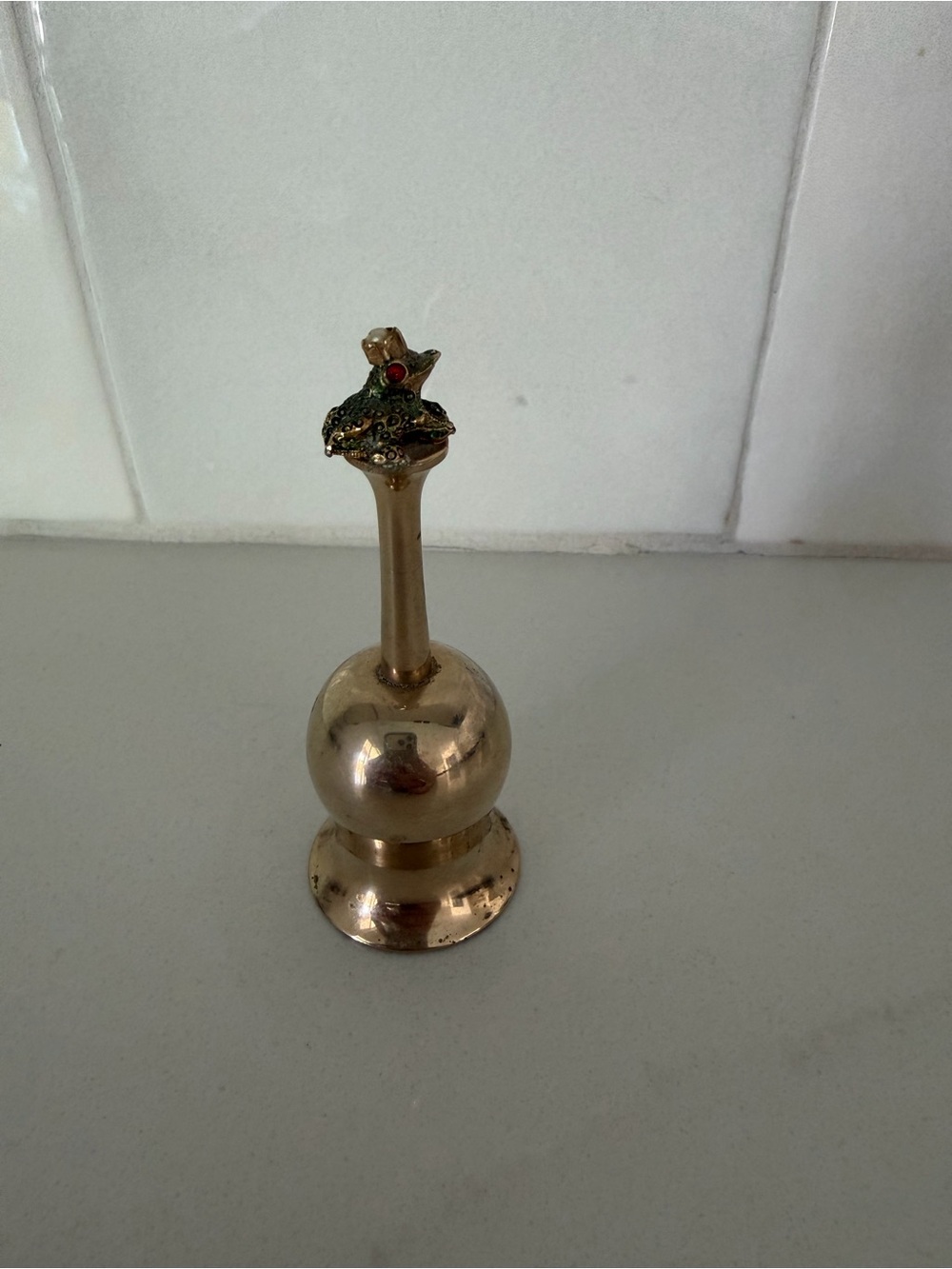 Vintage 3.5” Brass Mini Desk Bell with Bejeweled Frog Finial - Authentic Patina